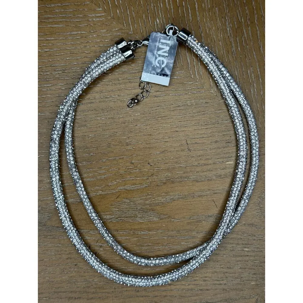 INC International Concepts Silver Crystal Collar Necklace Multi Strand